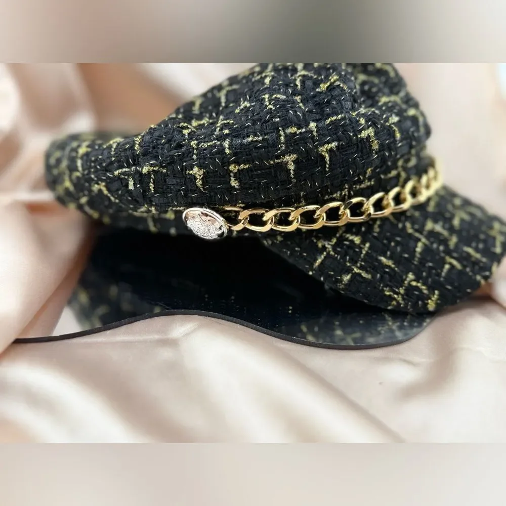 Women’s Tweed Chain Newsboy Cap – Chic & Elegant
